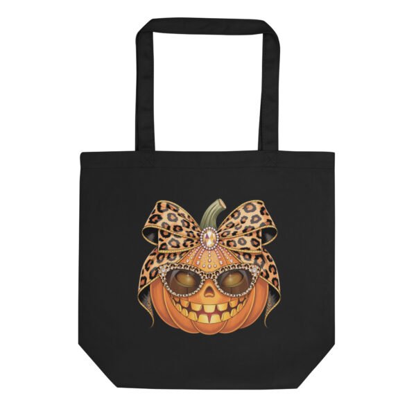 eco-tote-bag-black-front-6aca60edc7641.jpg Jeweled Pumpkin with Leopard Print Sunglasses And Bow- Eco Tote Bag
