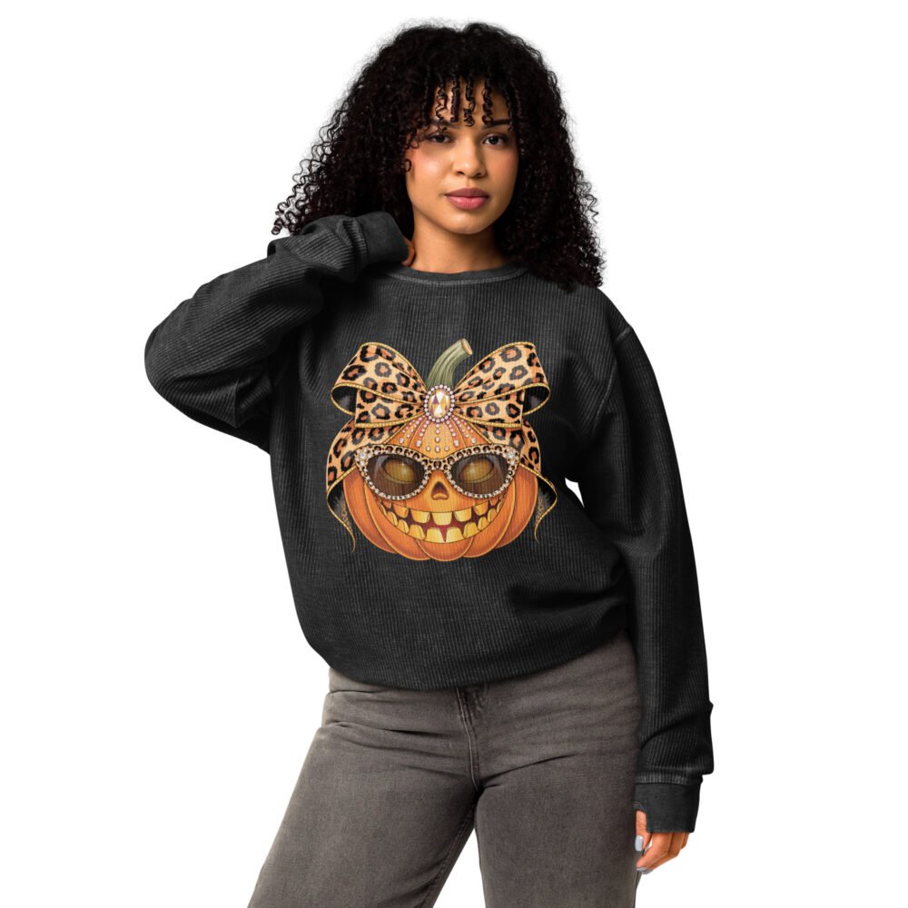 Jeweled Pumpkin with Leopard Print Sunglasses And Bow- Comfy Cord Sweatshirt