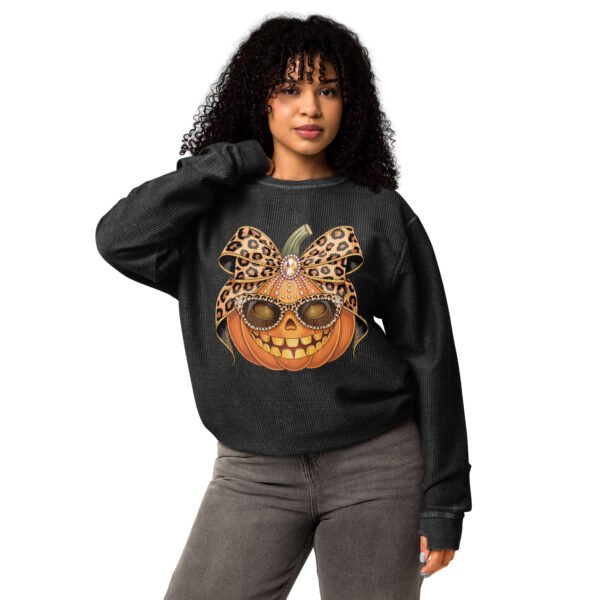 Jeweled Pumpkin with Leopard Print Sunglasses And Bow- Comfy Cord Sweatshirt