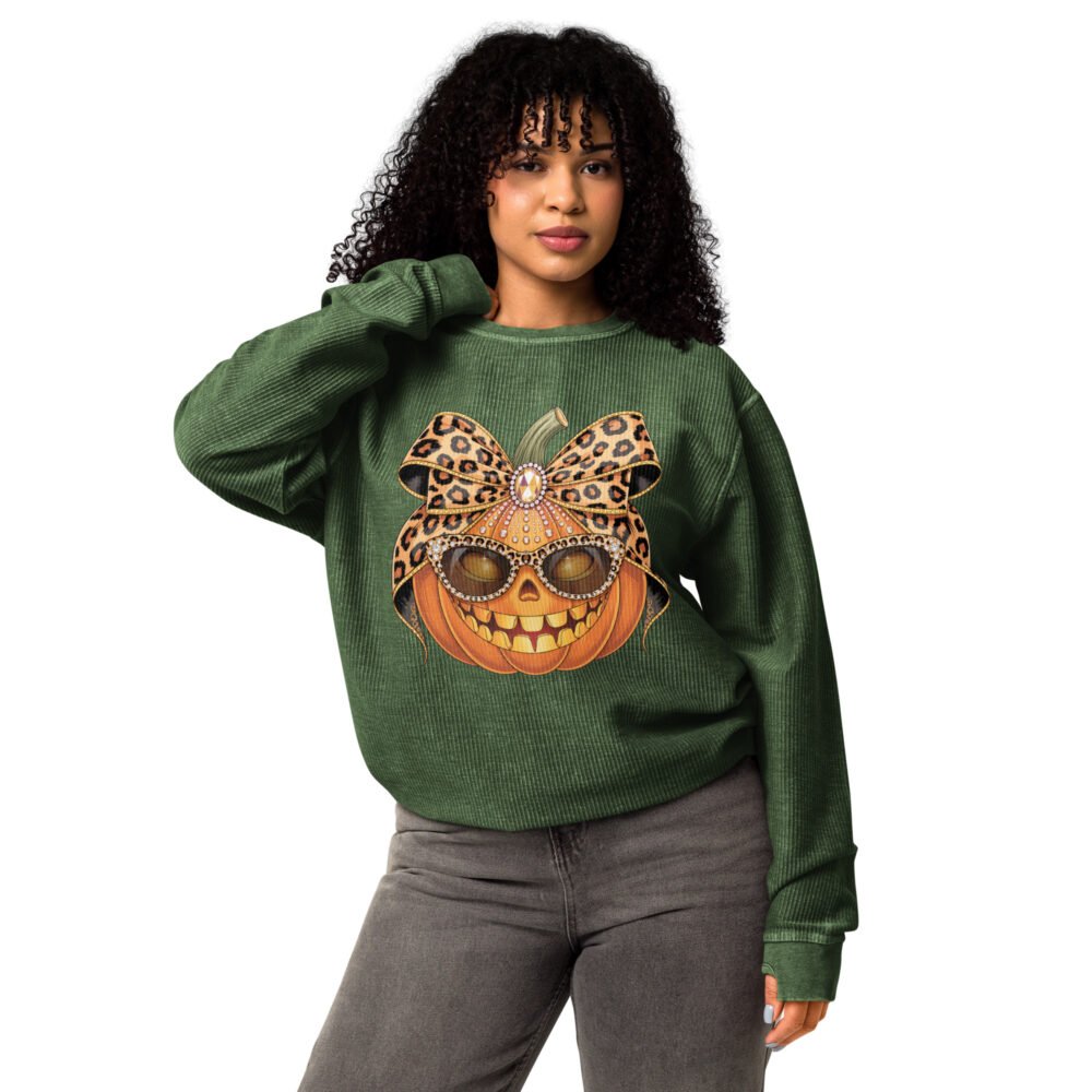 Jeweled Pumpkin with Leopard Print Sunglasses And Bow- Comfy Cord Sweatshirt