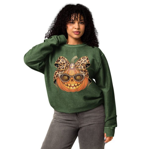 Jeweled Pumpkin with Leopard Print Sunglasses And Bow- Comfy Cord Sweatshirt
