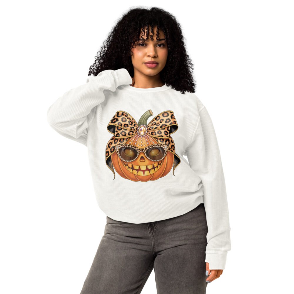 Jeweled Pumpkin with Leopard Print Sunglasses And Bow- Comfy Cord Sweatshirt
