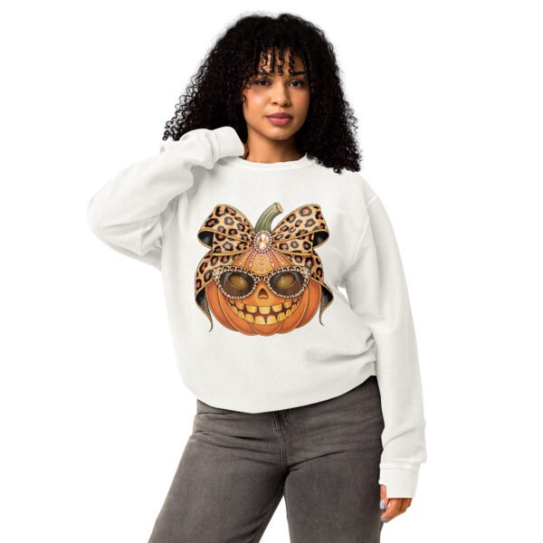 Jeweled Pumpkin with Leopard Print Sunglasses And Bow- Comfy Cord Sweatshirt