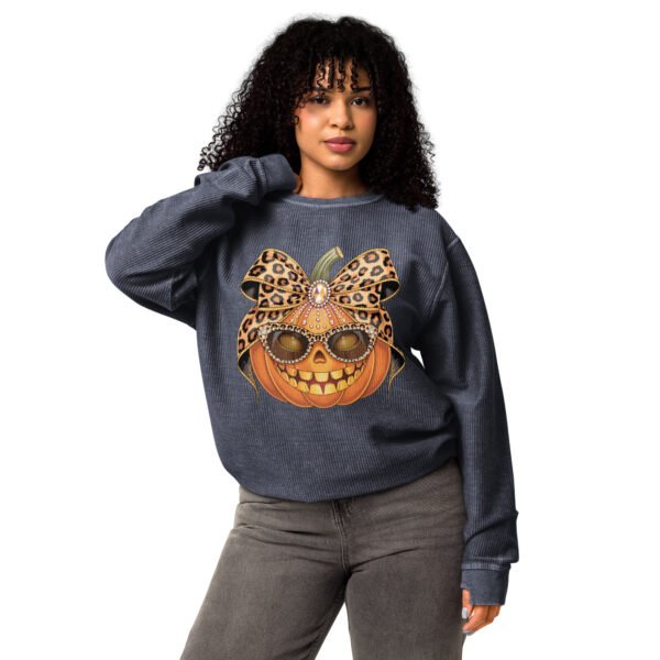 Jeweled Pumpkin with Leopard Print Sunglasses And Bow- Comfy Cord Sweatshirt