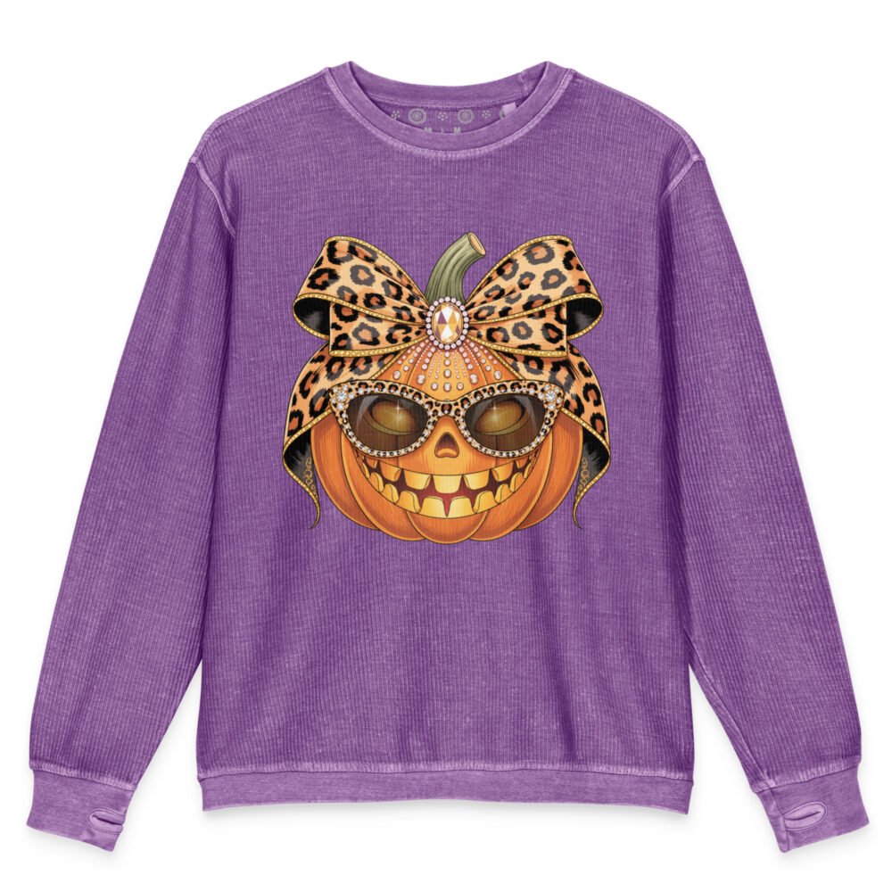 Jeweled Pumpkin with Leopard Print Sunglasses And Bow- Comfy Cord Sweatshirt