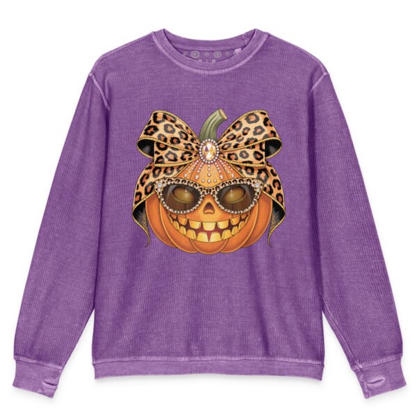 Jeweled Pumpkin with Leopard Print Sunglasses And Bow- Comfy Cord Sweatshirt