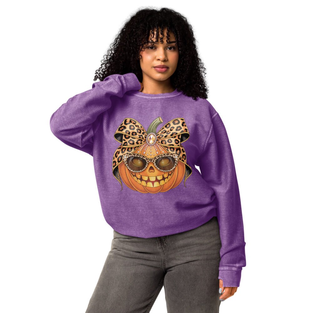 Jeweled Pumpkin with Leopard Print Sunglasses And Bow- Comfy Cord Sweatshirt