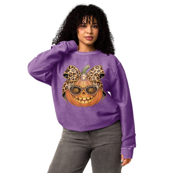 Jeweled Pumpkin with Leopard Print Sunglasses And Bow- Comfy Cord Sweatshirt