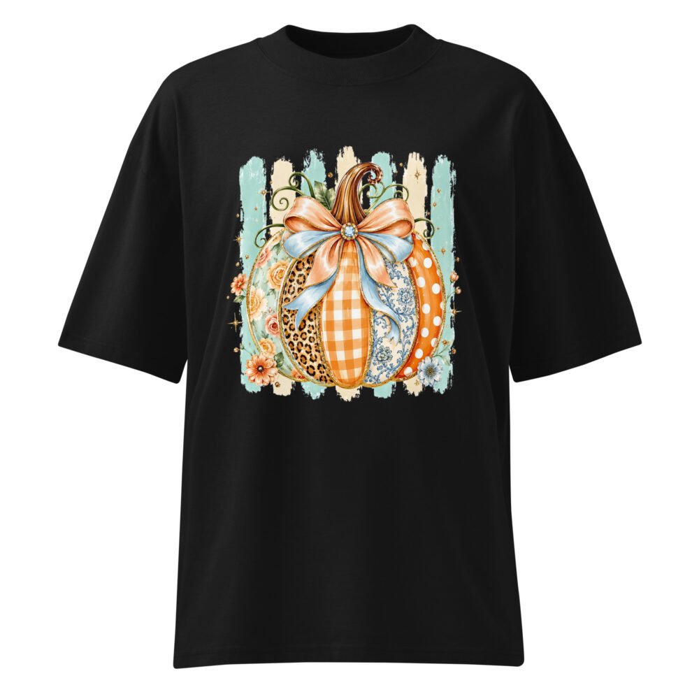 Coquette Pumpkin Shirt, Striped Glitter Pumpkin T-Shirt, Floral Leopard Plaid Polka Dot Pumpkin Shirt- Unisex organic oversized high neck t-shirt