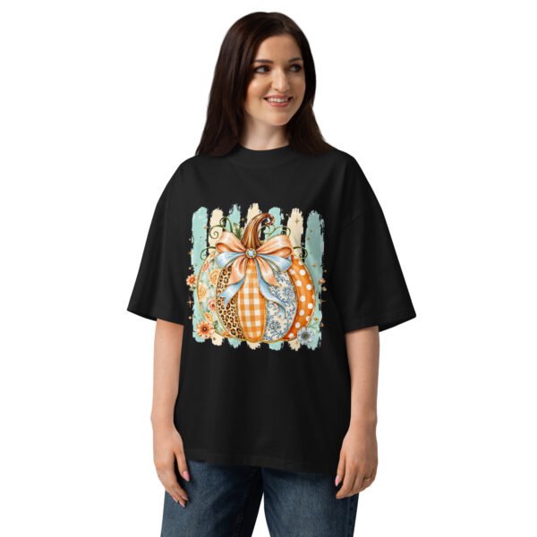 Coquette Pumpkin Shirt, Striped Glitter Pumpkin T-Shirt, Floral Leopard Plaid Polka Dot Pumpkin Shirt- Unisex organic oversized high neck t-shirt