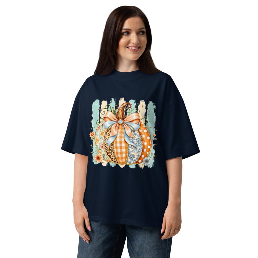 Coquette Pumpkin Shirt, Striped Glitter Pumpkin T-Shirt, Floral Leopard Plaid Polka Dot Pumpkin Shirt- Unisex organic oversized high neck t-shirt