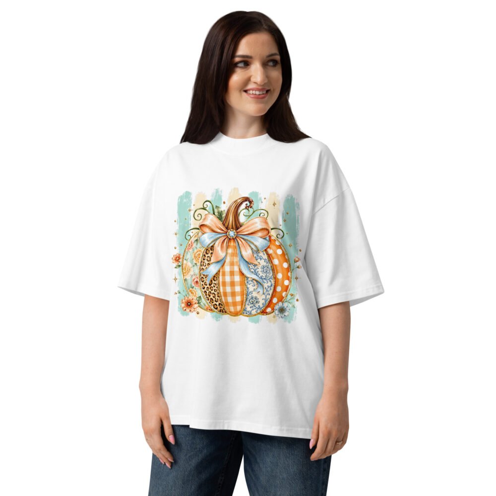 Coquette Pumpkin Shirt, Striped Glitter Pumpkin T-Shirt, Floral Leopard Plaid Polka Dot Pumpkin Shirt- Unisex organic oversized high neck t-shirt