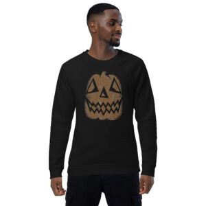 unisex-organic-raglan-sweatshirt-black-front-6ac77b44e89d8.jpg Vintage Distressed Jack-o'-Lantern Face- Unisex organic raglan sweatshirt