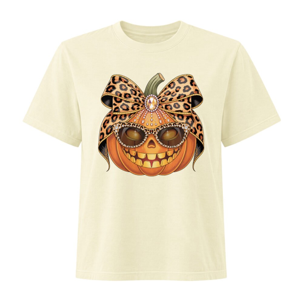 Jeweled Pumpkin with Leopard Print Sunglasses And Bow- Women's Heavyweight Garment Dye Tee