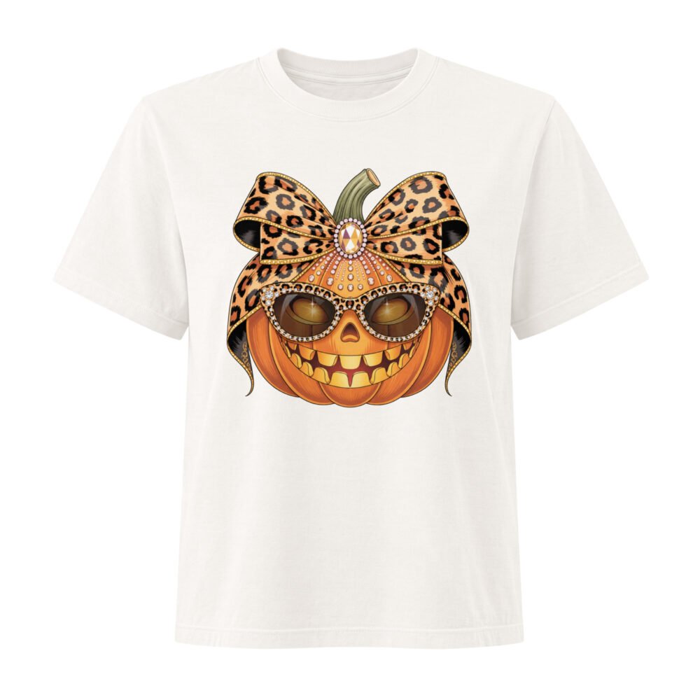 Jeweled Pumpkin with Leopard Print Sunglasses And Bow- Women's Heavyweight Garment Dye Tee