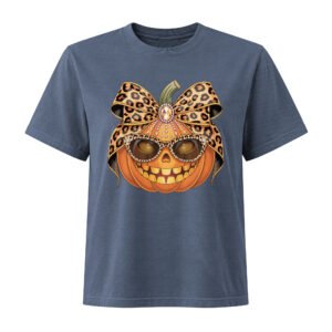 Jeweled Pumpkin with Leopard Print Sunglasses And Bow- Women's Heavyweight Garment Dye Tee